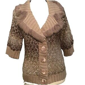Alberto Makali Fox Fur Collar Knit Cardigan Sweater Earthy Neutral M Boho Y2K